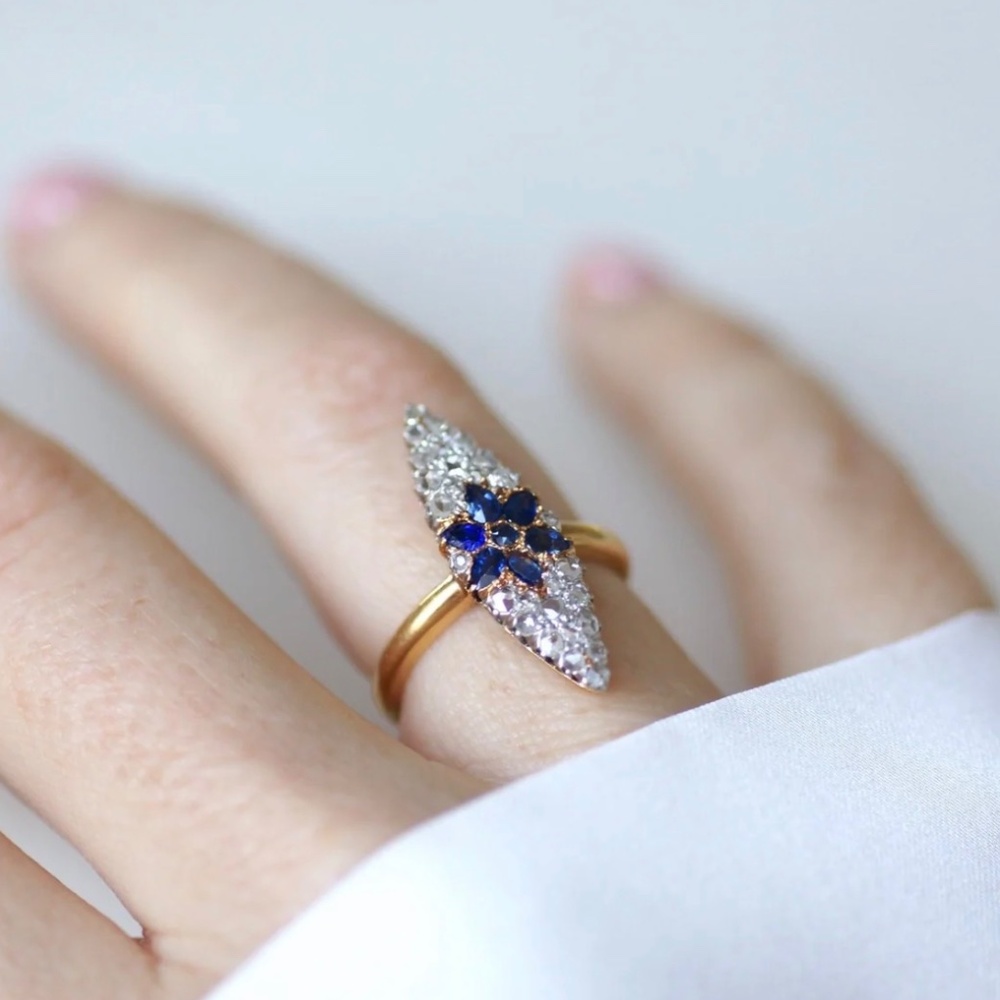 French Antique Diamond and Sapphires Marquis Flower Ring - Picture 6 of 6